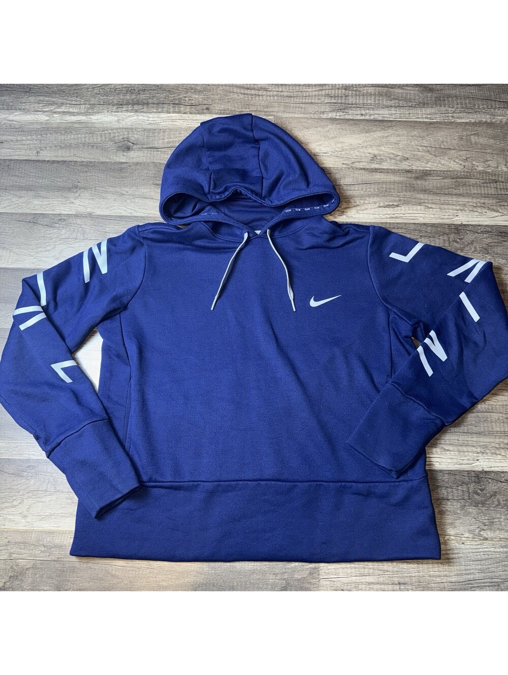 Nike Dri-Fit Hoodie Womens Medium Navy Graphic Drawstring Pullover Spellout